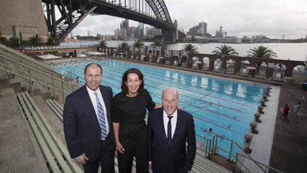 Treasurer Josh Frydenberg, North Sydney mayor Jilly Gibson and North Shore federal MP Trent Zimmerman at North Sydney Pool in 2019.