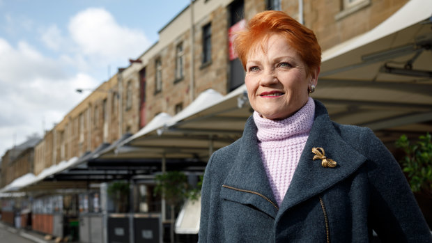 Pauline Hanson, pictured in Hobart on Tuesday, has had plenty of time to consider the government's proposed company tax cuts.