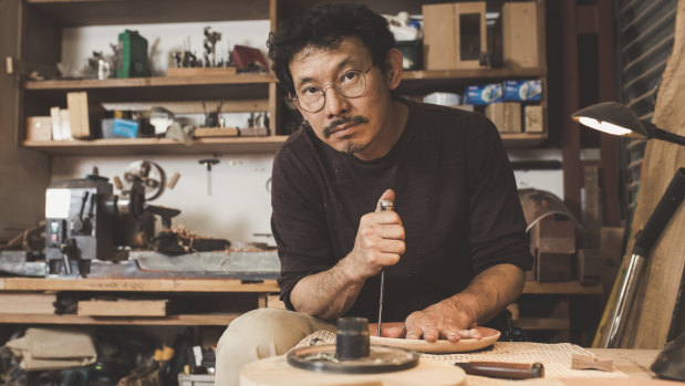 Hiroshi Yamaguchi uses Canberra street trees and Japanese sustainable hardwood in many of his pieces.