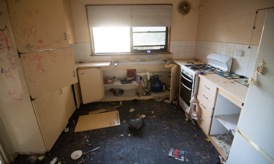 A kitchen in one of the decommissioned flats in Northcote.