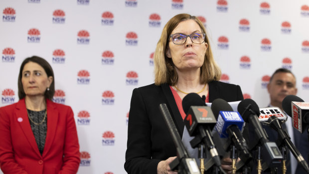 NSW Chief Health Officer Dr Kerry Chant addresses the media on Friday with Premier Gladys Berejiklian and Deputy Premier John Barilaro.  