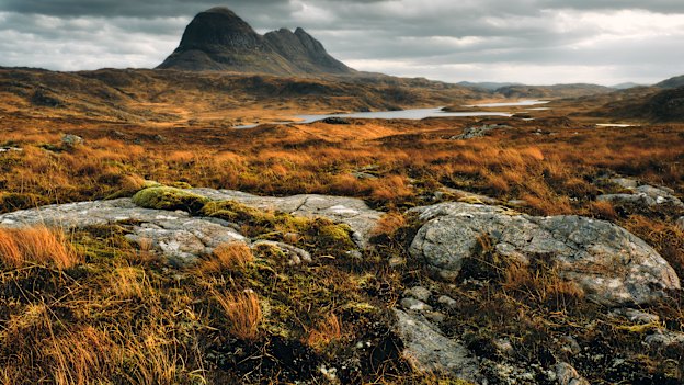 The Scottish wilderness, with Suilven mountain, in the Assynt region of Sutherland.