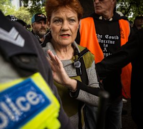 A little swirl of bitterness. Pauline Hanson at the Put Australia First rally in Melbourne.