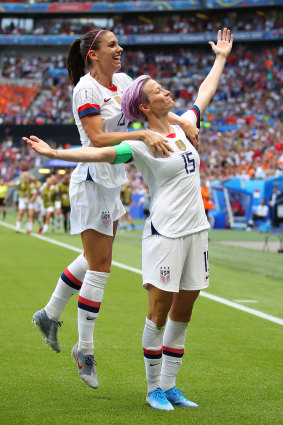 Megan Rapinoe celebrates her opening goal for the USA in the 2019 Women’s World Cup Final.