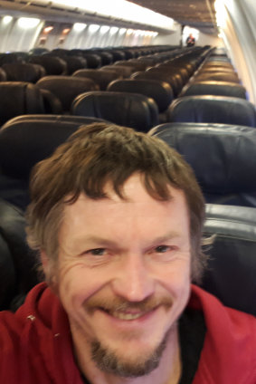 Skirmantas Strimaitis takes a selfie onboard a Boeing 737-800 airplane, taking off from Vilnius, Lithuania.