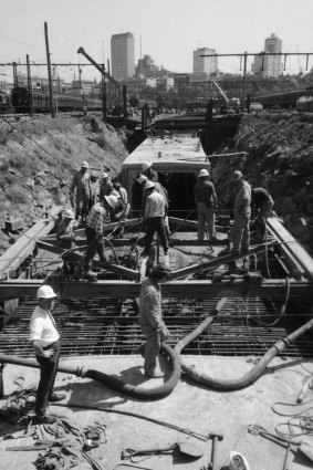 Workers pour concrete for the City Loop, 1972.