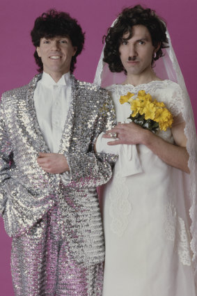 Russell (left) and Ron Mael dressed as a bride and groom in 1982 for the cover of their album, ‘Angst In My Pants’. 