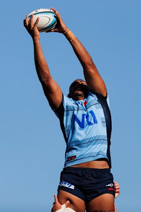 Miles Amatosero of the Waratahs wins a line out.