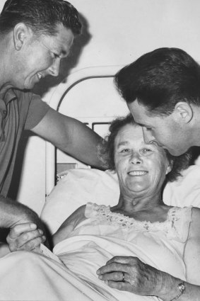 Kevin (left) and David Rogers of Mildura greet their mother, Maisie Rogers at Benella Hospital after the crash.
