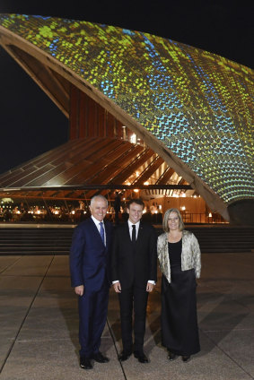 President Macron with PM Turnbull and his wife, Lucy, at the Sydney Opera House.
