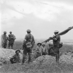 Stretcher bearers of the 11th Australian Infantry Brigade after the battle.