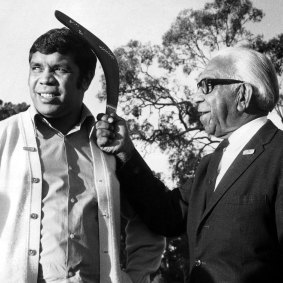 Boxer Lionel Rose and Pastor Doug Nicholls at an Aboriginal function in Melbourne, 23 May 1972.