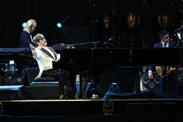 Elton John performs at Allianz Stadium in Sydney.