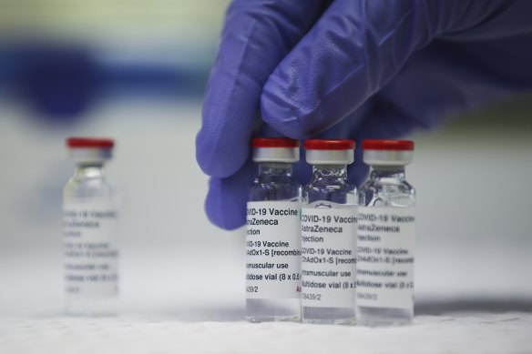 The AstraZeneca vaccine, seen here in bottles at the TGA laboratory in Canberra.