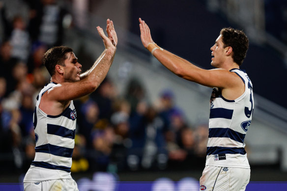 Shannon Neale of the Cats celebrates a goal with teammate Tom Hawkins.