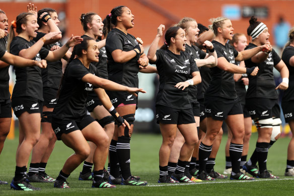 The Black Ferns challenge Australia’s Wallaroos before a Test match last month.