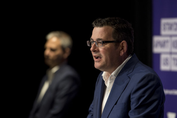 Victorian Premier Daniel Andrews (right) and Chief Health Officer Brett Sutton announce easing of lockdown restrictions.