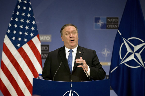 US Secretary of State Mike Pompeo speaks to the press from NATO headquarters in Brussels in 2018. 