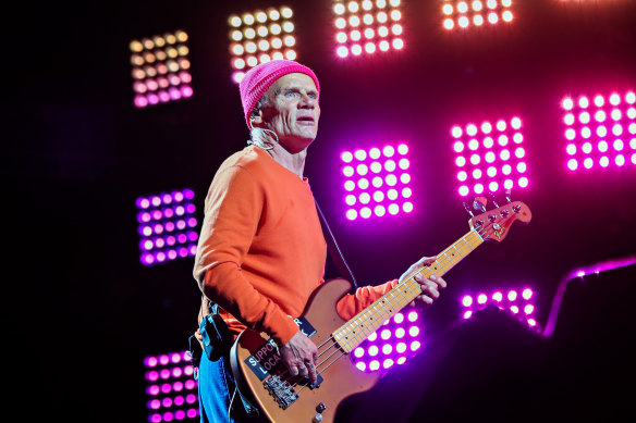 Red Hot Chili Peppers bassist Flea performs on stage at Marvel Stadium in Melbourne on Tuesday.
