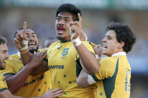 Will Skelton after scoring a try on Wallabies debut against France in 2014. 