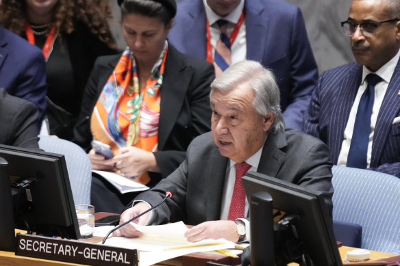 United Nations Secretary-General Antonio Guterres speaks during a Security Council meeting at United Nations headquarters on Tuesday.