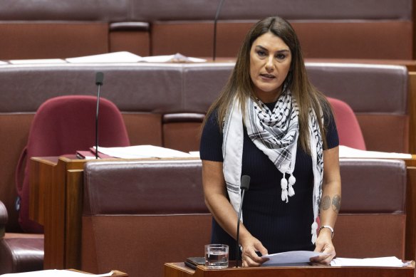 Senator Lidia Thorpe wearing a keffiyeh. 