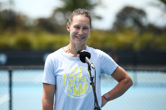 Sam Stosur speaks to the media on Wednesday.