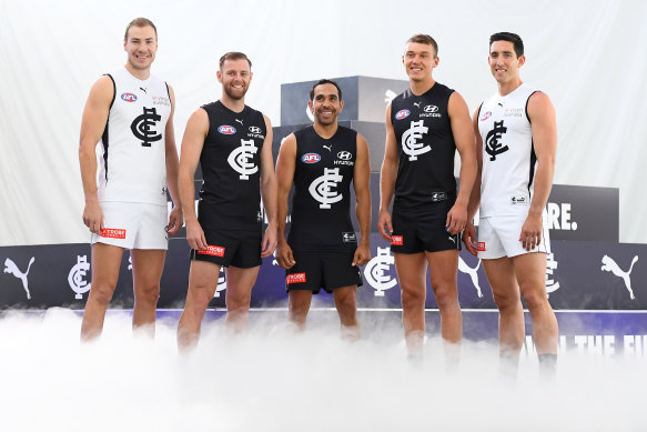 Harry McKay, Sam Docherty, Eddie Betts, Patrick Cripps and Jacob Weitering modelling the Blues' 2020 uniforms.