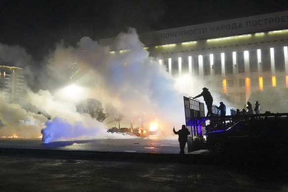 Riot police prepare to block protesters in the centre of Almaty, Kazakhstan, on Wednesday.