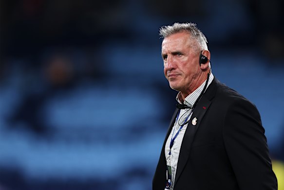 Crusaders coach Rob Penney, formerly in charge of the Waratahs, looks on.