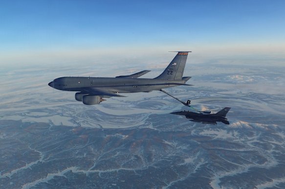 A KC-135 refuelling tanker aircraft in action.