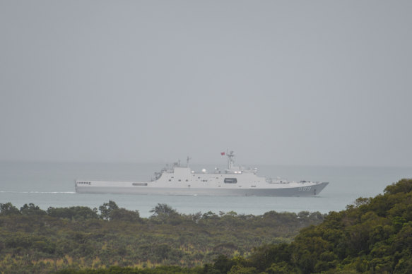 A PLA-N Yuzhao-class amphibious transport dock vessel transits the Torres Strait on February 18, 2022.