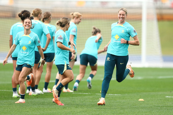 Alanna Kennedy is a ‘bit sore’ but otherwise appeared to move well at Matildas training in Brisbane on Monday.