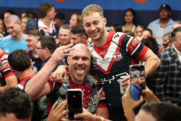 Sam Walker and Angus Crichton after winning the grand final with the Roosters.