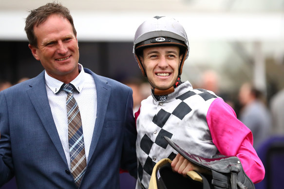 Trainer Paul Preusker, pictured with jockey Jordan Childs, has some handy horses running on Oaks day.