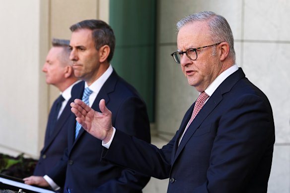 Anthony Albanese announces the national fuel crisis plan on Monday, alongside ministers Chris Bowen and Jim Chalmers.
