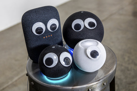 These googly eyes we put on the newest smart speakers of 2020 are a friendly reminder that they're both music players and surveillance devices. Shown here clockwise from the upper left are the Google Nest Audio, Amazon Echo, Apple HomePod Mini and Amazon Echo Dot.