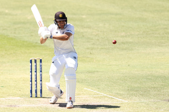 Aaron Hardie bats during the Sheffield Shield match between Western Australia and Queensland at the WACA.