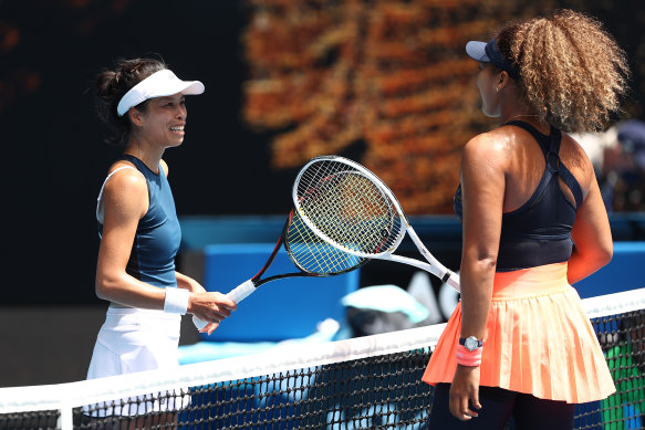 Naomi Osaka, right, greets Hsieh Su-wei, left, after their match. 