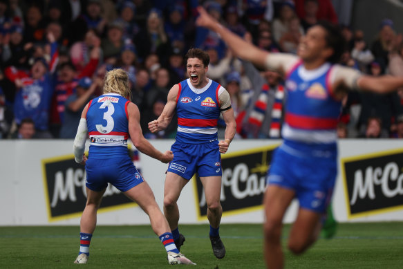 Western Bulldogs youngster Harvey Gallagher celebrates a crucial goal in the third quarter