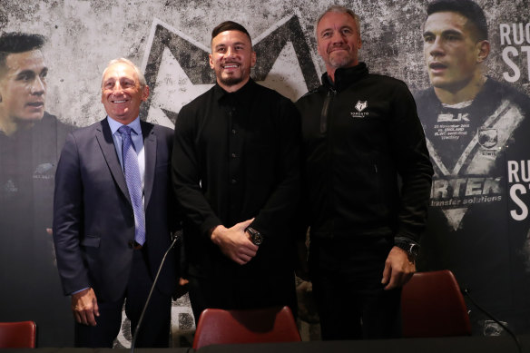 Sonny Bill Williams with Bob Hunter, CEO of Toronto Wolfpack, and coach Brian McDermott   at Emirates Stadium in London.