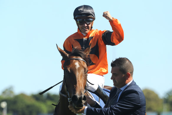 Ryan Maloney returns to scale after winning the Surround Stakes on Sunshine In Paris.