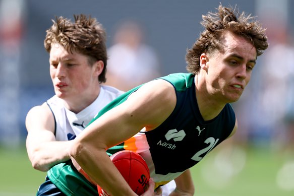 Jack Pickett is tackled during an AFL Futures match last year. 