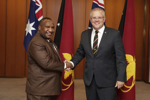 PNG Prime Minister James Marape with Prime Minister Scott Morrison in 2019. Australia has been looking to enhance its security ties with PNG for months.