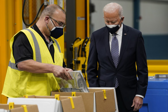 US President Joe Biden tours a Pfizer plant in Michigan. The country’s vaccine rollout is proceeding at a staggering pace - nearly 40 per cent of the population is already fully vaccinated.