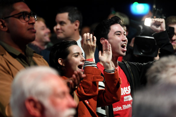 Labor supporters watch the television broadcast at Canterbury-Hurlstone Park RSL Club.