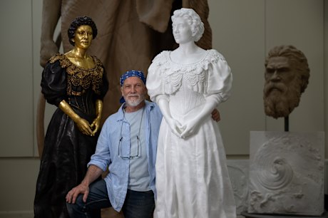 Sculptor Peter Schipperheyn with his two pieces depicting Amy Sherwin, in bronze, left, and in marble, right.