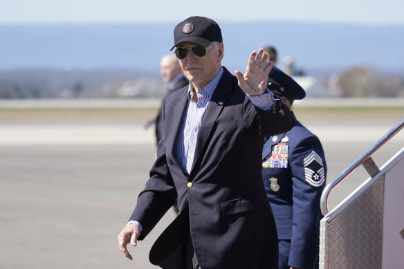 US President Joe Biden waves after landing on Air Force One in Maryland.  On Friday Biden  acknowledged “the pain being felt” by many Arab Americans over the war in Gaza.