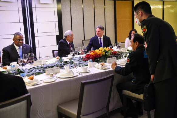 From left to right, US Secretary of Defence Lloyd Austin, Singaporean Defence Minister Ng Eng Hen, and his counterparts, Australia’s Richard Marles and China’s Wei Fenghe at last year’s Shangri-La Dialogue.