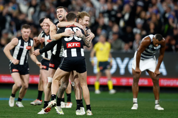 Magpies Daniel McStay, Jeremy Howe and Beau McCreery.